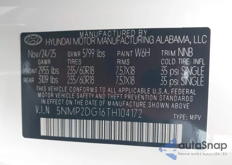 2026 Hyundai Santa Fe Hybrid Sel from USA, damaged, VIN 5NMP2DG16TH104172